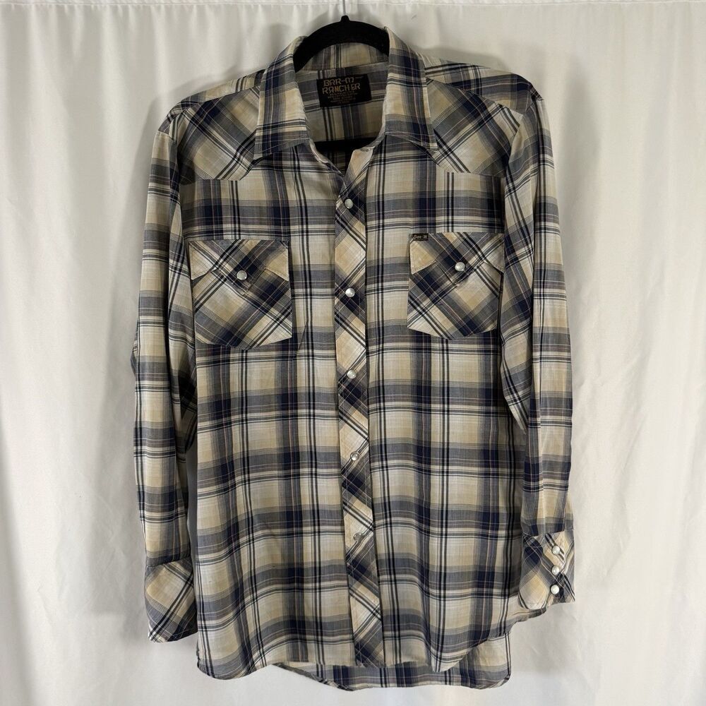 Bar M Rancher Pearl Snap Shirt Men's Large Ivory Blue Plaid Long Sleeve Light